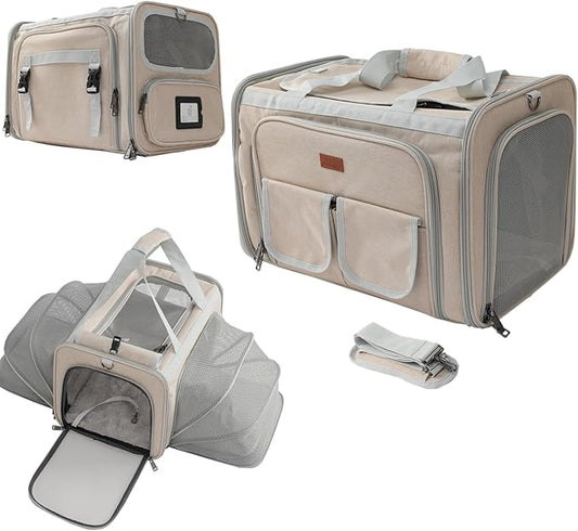 Khaki Dog Carrier Airline Approved,Small Puppy Bag Cats Carriers Soft,Softsides Expandable,Rabbit Bunny Pets Travel Carriers Small Animals Outdoor Carry Kennel
