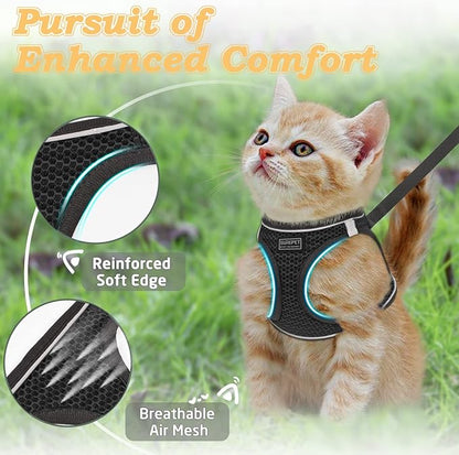 Cat Harness and Leash for Walking Escape Proof, Adjustable Kitten Vest Harness Reflective Soft Mesh Puppy Harness for Outdoor, Comfort Fit, Easy to Control (Black, XS)