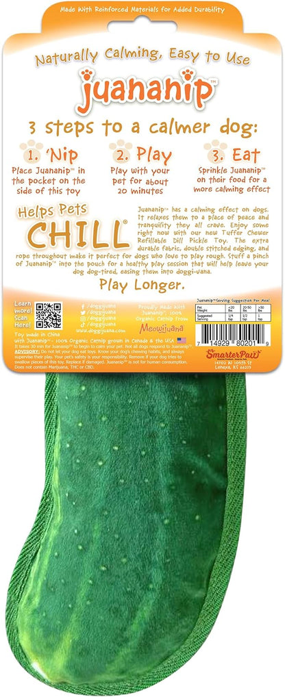 Doggijuana Tuffer Chewer Plush Dog Toy | Funny Dog Toy Plush with Juananip Catnip for Dogs | Calming Aid for Dogs | Interactive Squeaky Chew Toy for Play (Dill Pickle)