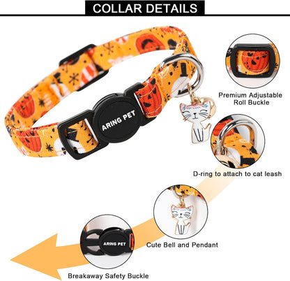 ARING PET 2 Pack Fall Cat Collars-Cute Breakaway Cat Collar with Bell & Pendant, Adjustable Fall&Halloween Kitten Collars with Safety Buckle for Girl and Boy Cats