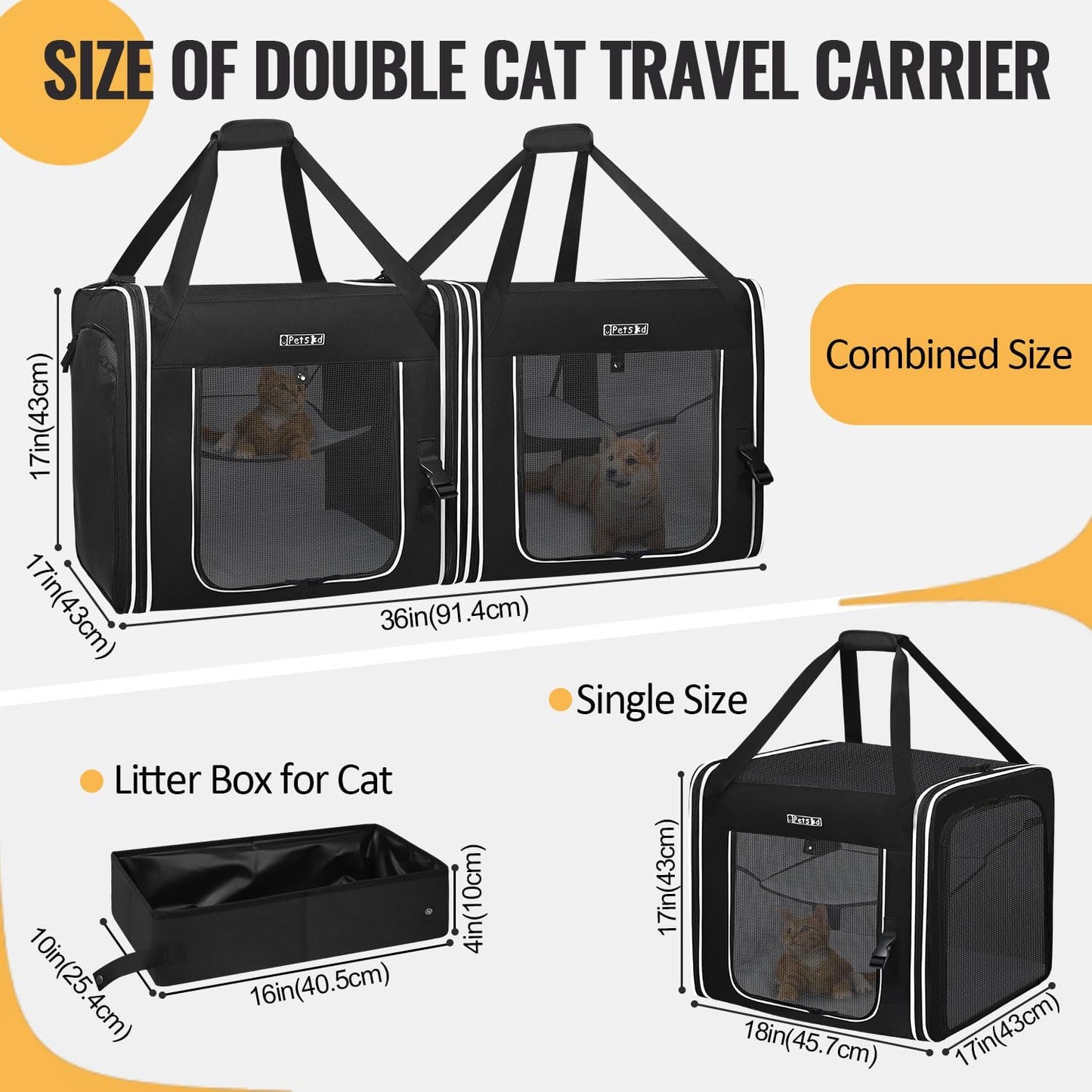 Petskd Portable Double Cat Carrier with Litter Box for Multiple Cats 2in1 Car Travel Carriers 36x17x17in Dual Large Cat Carrier with Safety Locking Zippers for Long Distance Travel