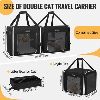 Petskd Portable Double Cat Carrier with Litter Box for Multiple Cats 2in1 Car Travel Carriers 36x17x17in Dual Large Cat Carrier with Safety Locking Zippers for Long Distance Travel