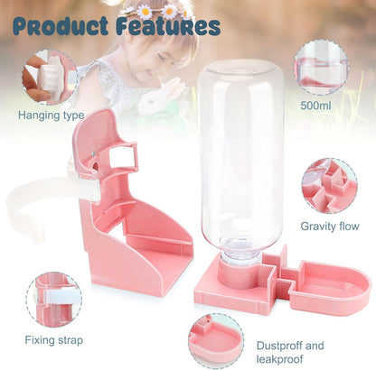 Rypet Rabbit Water Bottle No Drip - 17oz Hanging Water Fountain Automatic Dispenser Pet Cage Water Feeder for Bunny Chinchilla Guinea Pig Hedgehog Ferret Pink