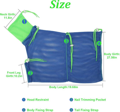 Breathable Mesh Shower Bag - Anti Scratch Adjustable Grooming for Nail Trimming, Bathing - Polyester Soft Cat Washing (Blue-Green)
