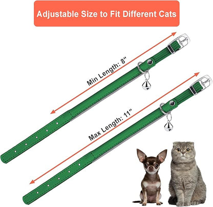 OOPSDOGGY Rolled Leather Cat Collar with Bell, Reflective Kitten Collars with Buckle Include Safety Elastic Strap - Adjustable Small Pet Collars for Boy Girl Cats (Green)