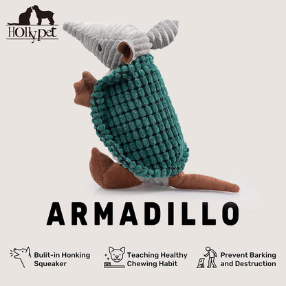 Hollypet Plush Dog Squeaky Toy Stuffed Armadillo Animal Pet Puppy Chew Toys with Clean Teeth for Small Medium Large All Breed Sizes Dogs, Deep Green, 10in