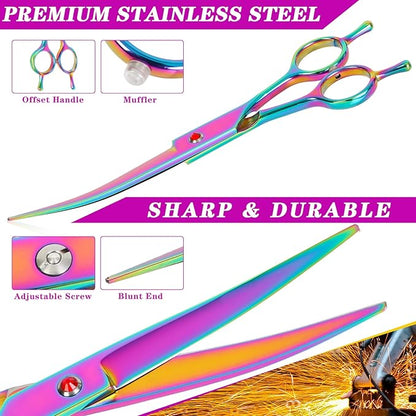 Dog Grooming Scissors Curved Hair Cutting Scissors for Dogs & Cats Made of Premium Stainless Steel (Rainbow)