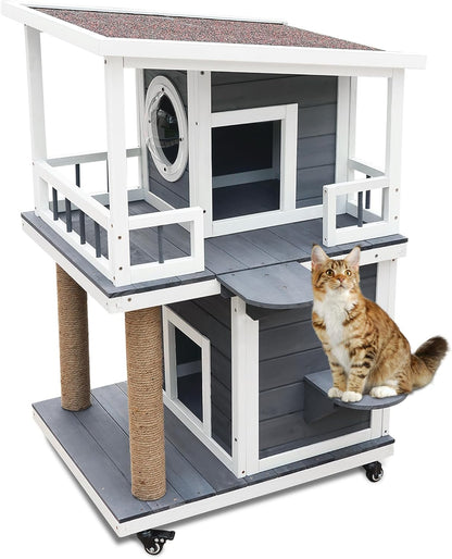 Rockever Outdoor Cat House, 2 Story Outdoor Cat Houses for Feral Cats Wooden Outside Cat Shelter Weatherproof with Escape Door & Cat Scratching Post