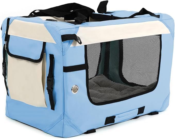 Large Cat Carrier Collapsible Travel Dog Crate Portable Soft-Sided Pet Kennel with Super Soft Warm Plush Pillow for Indoor and Outdoor 20x14x14in,Sky Blue