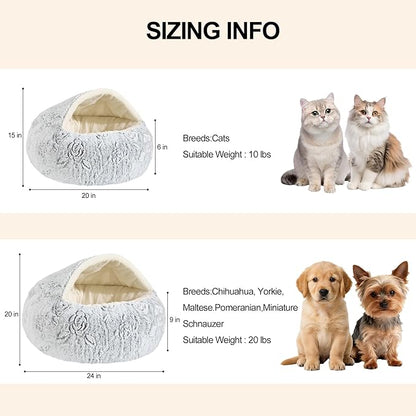 Calming Dog Beds & Cat Cave Bed with Hooded Cover,Removable Washable Round Beds for Small Medium Pets,Anti-Slip Faux Fur Fluffy Coved Bed for Improved Sleep,Fits up to 15/25 lbs(Rose,S)
