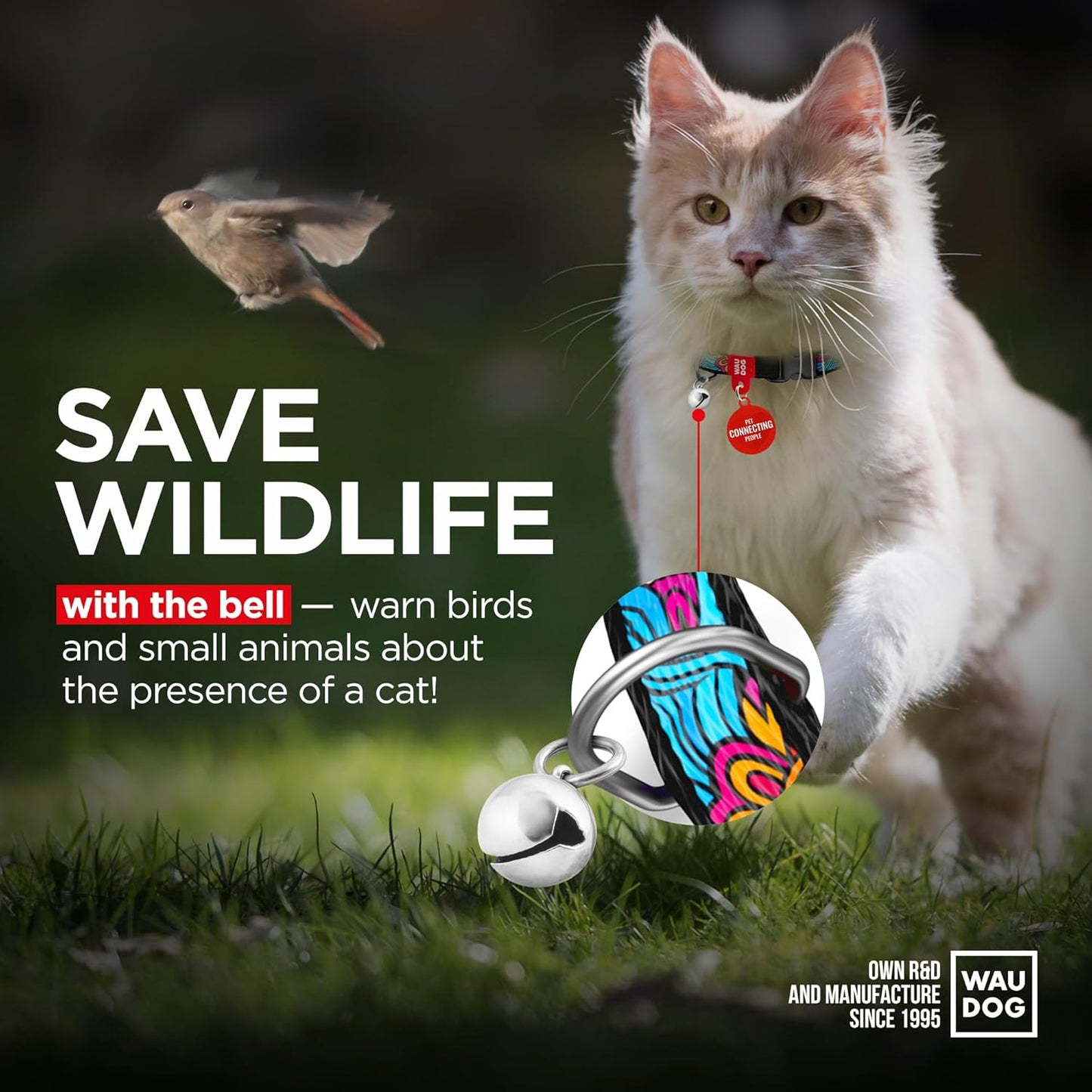 WAUDOG Nylon Cat Collar with Removable Bell and QR ID Tag for Small, Medium and Large Breeds Adjustable Long Lasting Durable Kitten Collars Boy & Girl