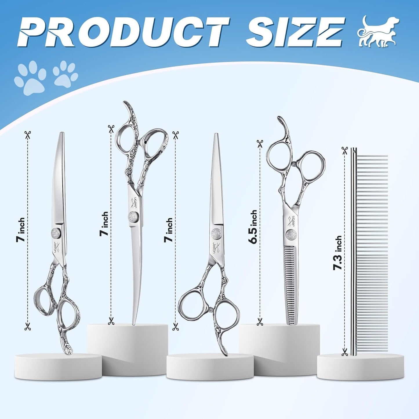 JASON Professional 6 in 1 Dog Scissors Set - 6.5" Thinning, 7" Straight, 7" Up-Curved, 7" Down-Curved Shears and Comb for Cat & Pet (Silver)