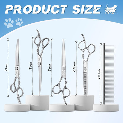 JASON Professional 6 in 1 Dog Scissors Set - 6.5" Thinning, 7" Straight, 7" Up-Curved, 7" Down-Curved Shears and Comb for Cat & Pet (Silver)
