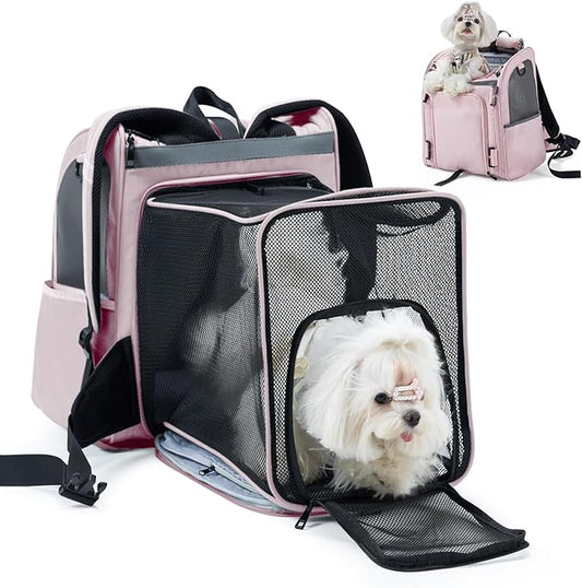 Expandable Pet Carrier, Airline-Approved Foldable and Detachable Backpack, Fits 13lbs Cat&11lbs Small Puppy Dog, for Car Travel,Camping and Emergency Transportation and Shelter (Pink)