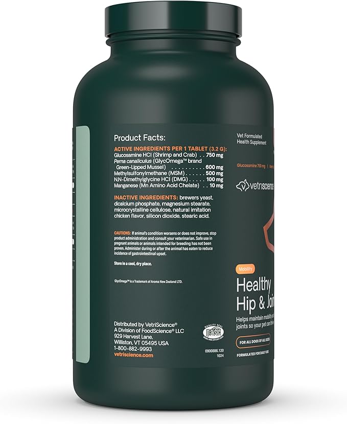 VetriScience Healthy Hip & Joint Chewable Tablets, GlycoFlex Glucosamine and Green-Lipped Mussel Joint Support Supplement for Dogs, Promote Mobility and Protect Joints, Chicken, 120 Count