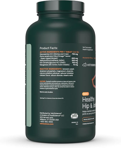 VetriScience Healthy Hip & Joint Chewable Tablets, GlycoFlex Glucosamine and Green-Lipped Mussel Joint Support Supplement for Dogs, Promote Mobility and Protect Joints, Chicken, 120 Count