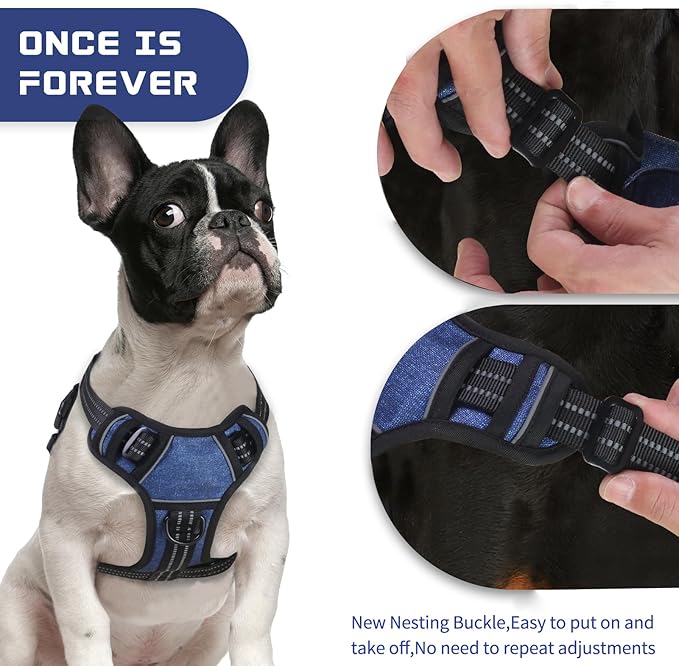 BUMBIN Dog Harness for Large Dogs, No Pull Adjustable No Choke Pet Vest with Dog Leash Fit Smart Reflective Pet Walking Harness for Training Easy Control Soft Handle Denim Blue S