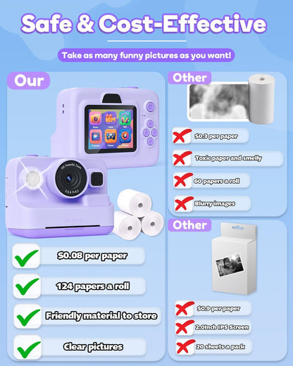 Instant Print Camera for Kids,2.4 Inch Screen Kids Instant Cameras, Christmas Birthday Gifts for Girls Age 3-12, Portable Toddler Toy for 3 4 5 6 7 8 9 10 Year Old Girls Boys Purple