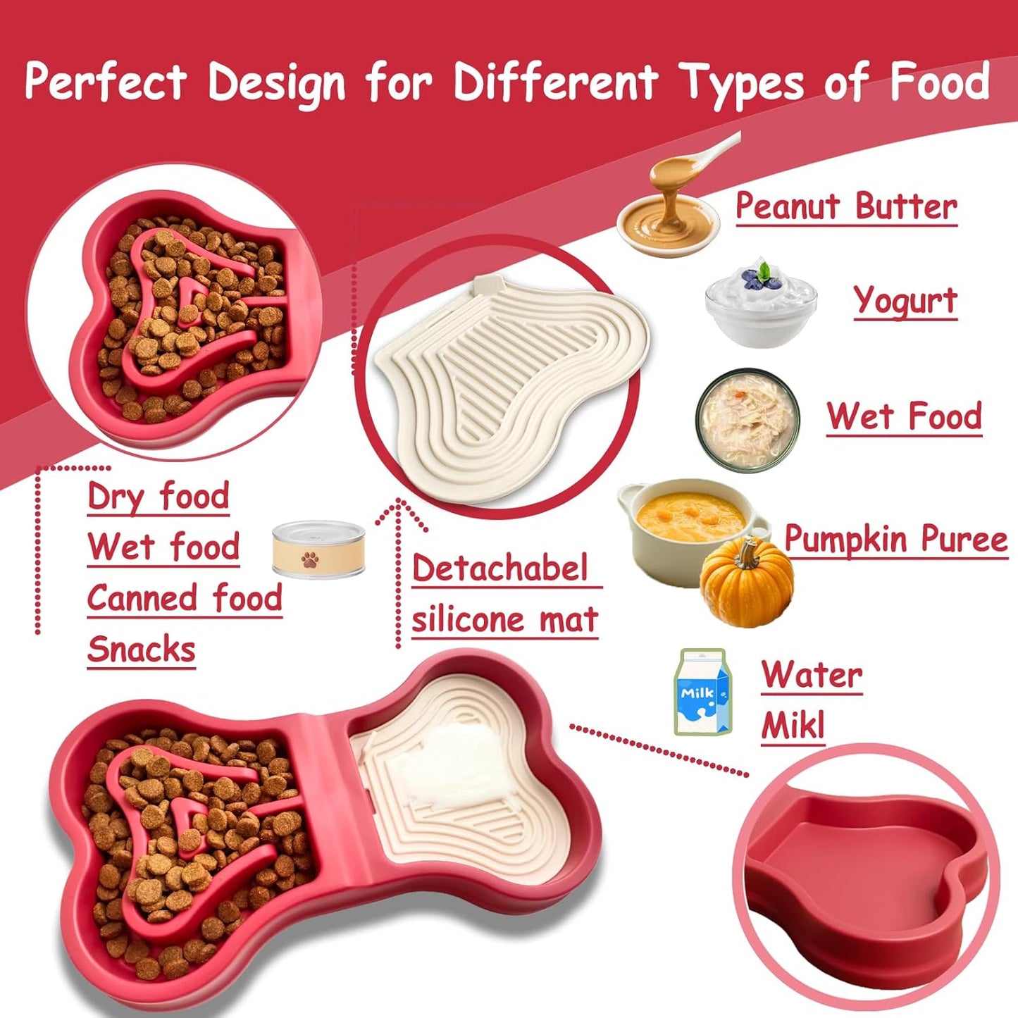 Bone Slow Feeder Bowl for Dogs Cats - 2-in-1 Lick Mat & Water Dish with 6 Non-Slip Pads, Food-Grade PP & Silicone Pet Bowl for Anti-Choking，Fun Feeding，Anxiety Relief (Red)