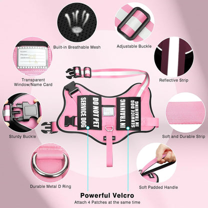 Service Dog Vest Harness and Leash Set+10 Patches,No Pull&Easy Walk Reflective Dog Harness with Soft Padded Handle for Training/Everyday,Fit Small/Medium/Large/Extra-Large Dogs (Pink XL)