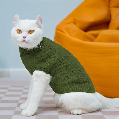 PUPTECK Winter Cat Sweater Coat - Soft Warm Cold Weather Clothes Knitwear for Kittens & Small Dogs Indoor Outdoor Wearing, Knitted Classic for Doggies Kitties Girls Boys, Dark Green, S