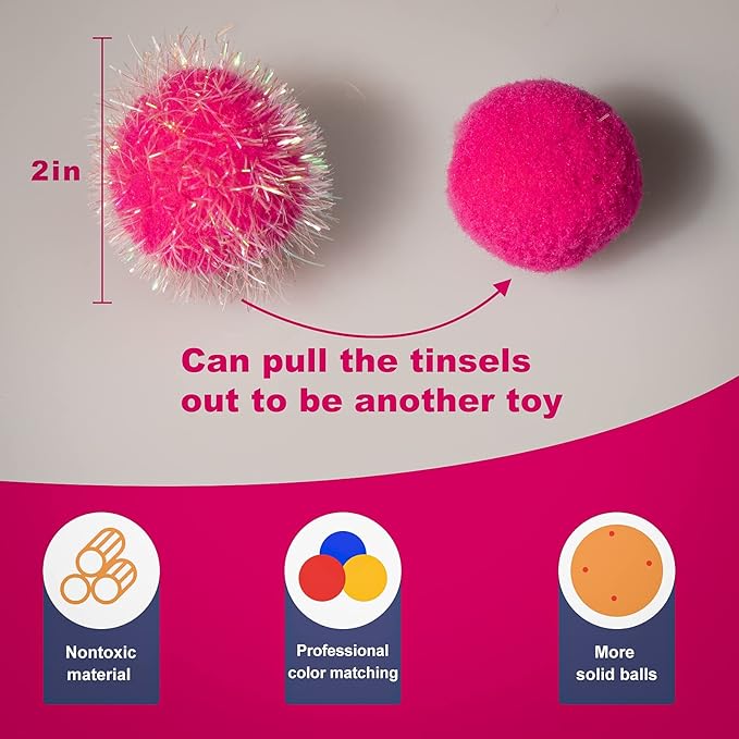 VAPKER 30 Pcs Cat Ball Toys Sparkle Balls Extra Large 2 Inch Cat's Favorite Chase Glitter Ball Glitter Tinsel Pom Poms Balls Hot Pink Color