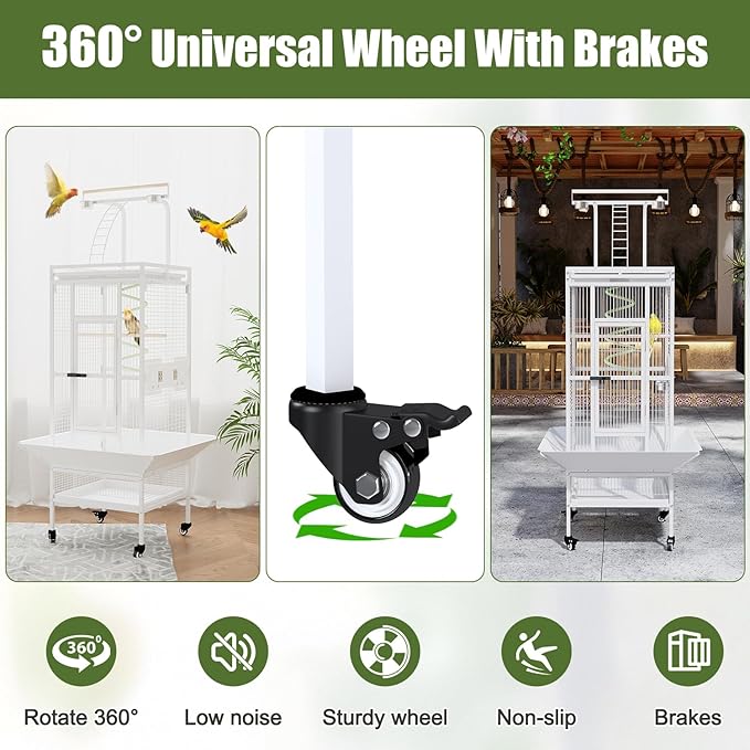 61 Inch Large Bird Cage with Rolling Stand, Heavy-Duty Wrought Iron Birdcage with Ladder, Playtop Parrot Cage for Parrots, Cockatiels, Budgies, Lovebirds, Small/Medium Birds