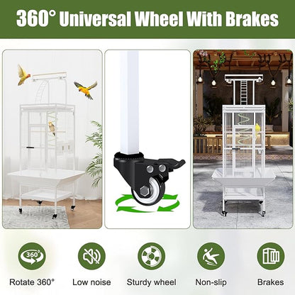 61 Inch Large Bird Cage with Rolling Stand, Heavy-Duty Wrought Iron Birdcage with Ladder, Playtop Parrot Cage for Parrots, Cockatiels, Budgies, Lovebirds, Small/Medium Birds