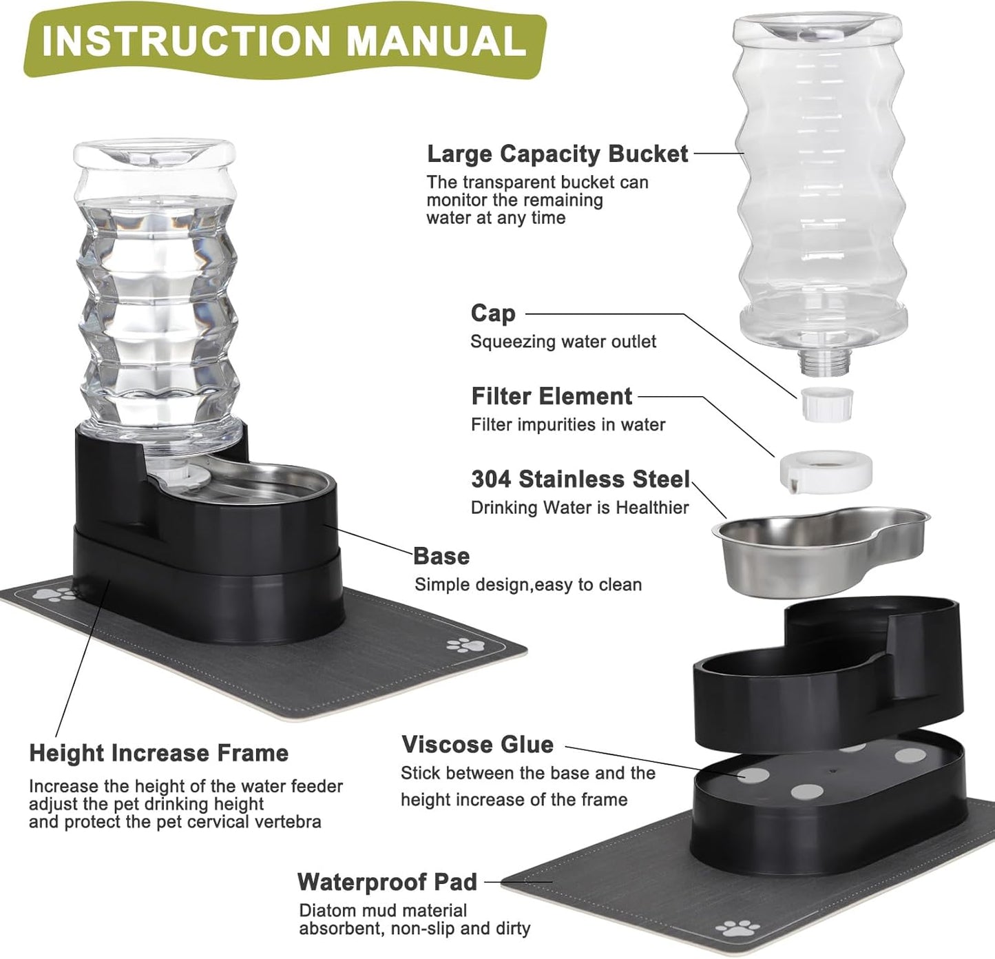 RIZZARI Large Water Dispenser for Dogs: 8L Gravity Black Automatic Stainless Steel Waterer - Raised Pet Feeder for Friendly Senior Medium to Large-Sized Dogs - Good for Spine - in Bedroom Garden