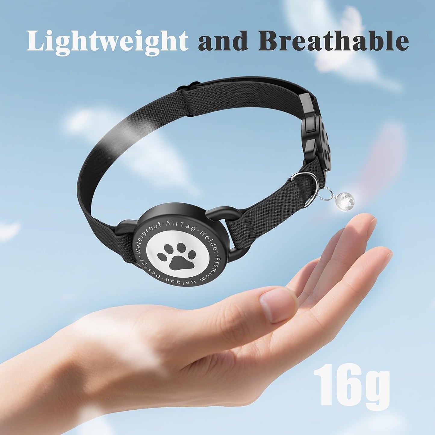 Airtag Cat Collar, Stretchy Kitten Collar with Apple Air Tag Holder, Lightweight and Comfortable, Ultra Elastic GPS Cat Collars for Cats Kittens and Puppies, 8-12.5 Inch, Black