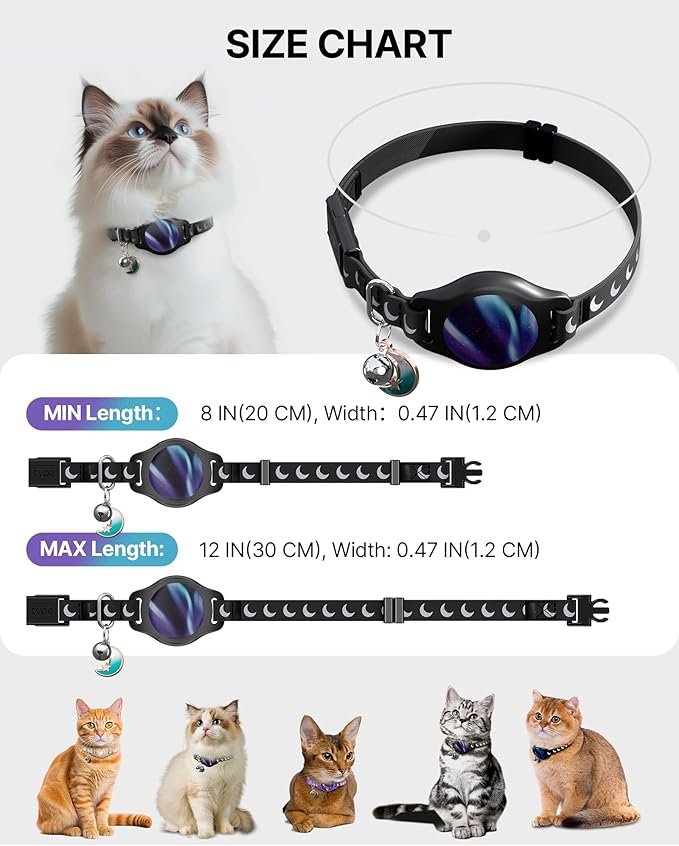 Cat Collar with Airtag Holder, Breakaway Airtag Cat Collar for Apple Air Tag with Luminous & Reflective Pattern, Waterproof GPS Cat Tracker Collars for Boy Girl Cats Kittens with Bell, Black (8-12")
