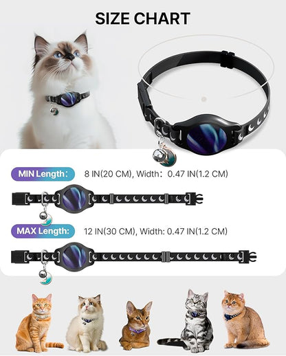 Cat Collar with Airtag Holder, Breakaway Airtag Cat Collar for Apple Air Tag with Luminous & Reflective Pattern, Waterproof GPS Cat Tracker Collars for Boy Girl Cats Kittens with Bell, Black (8-12")