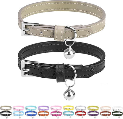 PUPTECK 2 PCS Soft Genuine Leather Cat Kitten Collar with Bells Adjustable for Girl Boy Cats Puppy - Black, Khaki