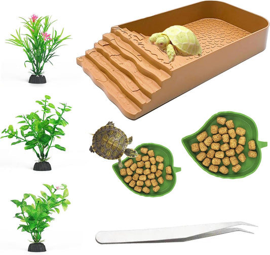 3 PCS Reptile Water Dish with Climbing Ramp, Leaf Reptile Water Bowl, Amphibians Habitat Yellow Tortoise Water Dish for Turtle, Gecko, Snake, Bearded Dragon, Lizard