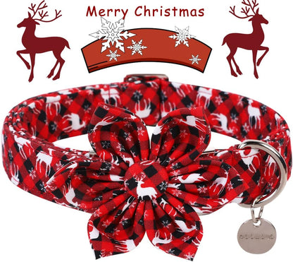 DOGWONG Christmas Dog Collar with Flower, Red Plaid Deer Dog Collar Soft Durable Adjustable Cotton Puppy Collar for Small Medium Large Dog