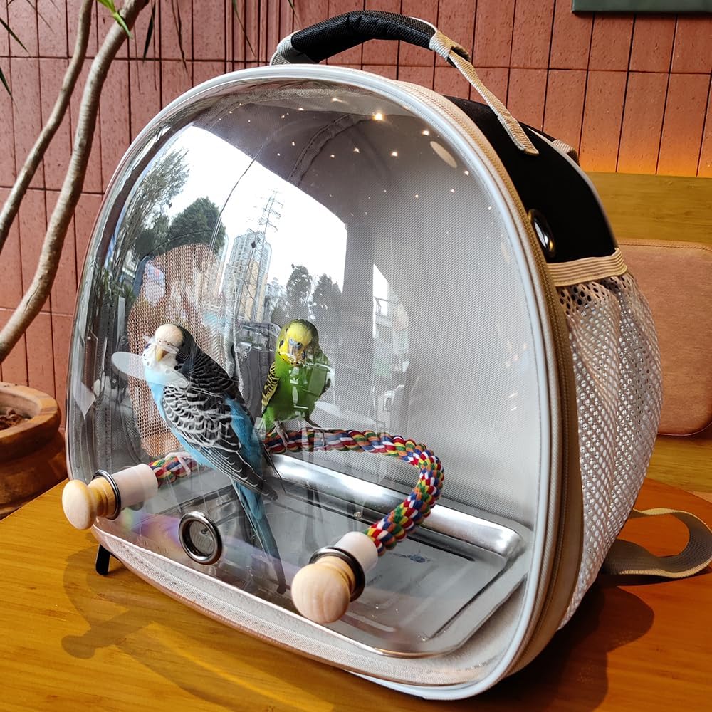 Small Bird Travel Backpack Carrier Cage, Backpack to Transport Backpack Carrier with Metal Tray Stand Perch for Parakeet Cockatiel Budgies Vet Carry Bag