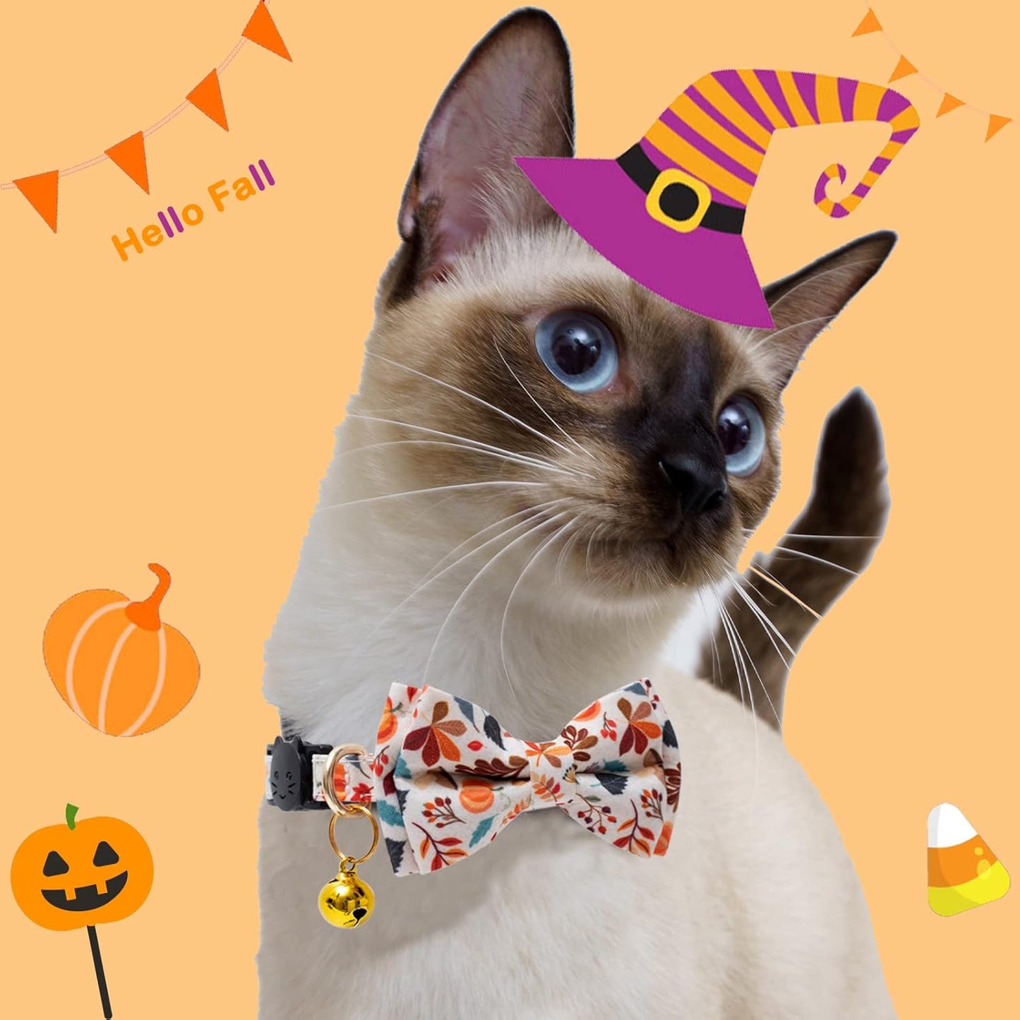 2 Pack Cotton Fall Cats Collar with Bow Tie Orange Green Cat Collars for Girl Female Boy Male Cat Collar with Bell Halloween Collars for Cats