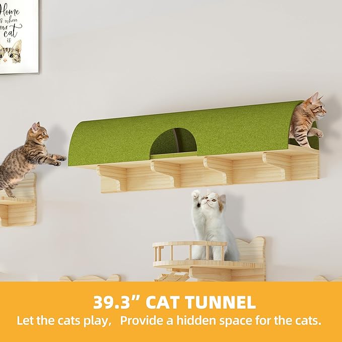 Cat Wall Shelves, Cat Wall Furniture Pine Wooden Feline Shelf, 18 Piece Feline Shelves and Perches with Condos, House, Steps, Bridge Ladder, Scratching Post and Tunnel