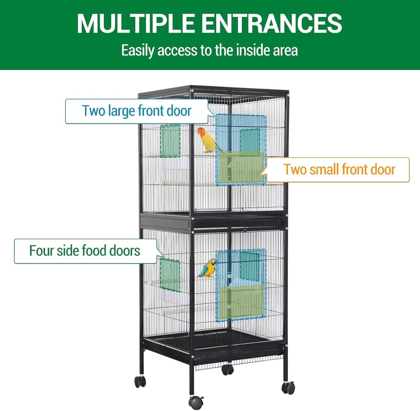 GarveeHome Small Bird Cage with Wheels, 55 Inch Parakeet Cage with Top Stand, 2 in 1 Bird Carrier for Parakeets, Canaries, Lovebirds, Small Quaker, Cockatiels, Budgie, Green Cheek (55in)