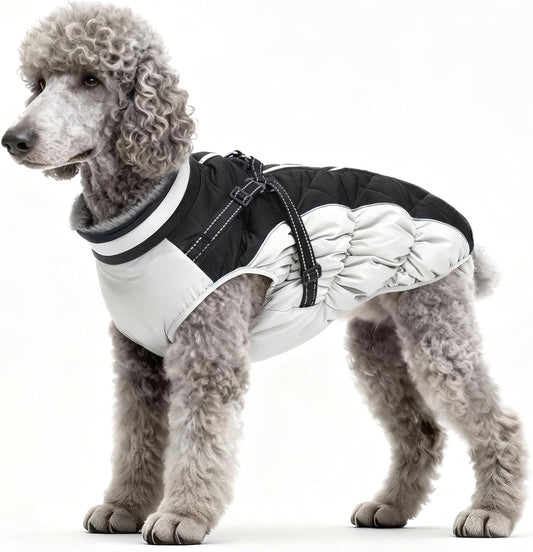 Dog Winter Coat with Harness, Dog Jacket, Pet Clothes with Zipper on Back, Waterproof Windproof Warm Vest, Reflective Cold Weather Coats, for Small Medium Large Dogs, Thick, Black, L