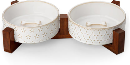 MALACASA Dog Bowl Set with Walnut Wood Stand, 1.5 Cups Ceramic Pet Bowls for Puppy Dogs, Dual Food and Water Bowls with Non-Slip Base, Basic Bowls for Your Dog or Cat, Five-Leaf Grass & Honeycomb