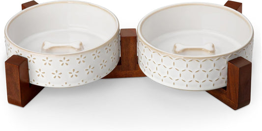 MALACASA Dog Bowl Set with Walnut Wood Stand, 1.5 Cups Ceramic Pet Bowls for Puppy Dogs, Dual Food and Water Bowls with Non-Slip Base, Basic Bowls for Your Dog or Cat, Five-Leaf Grass & Honeycomb