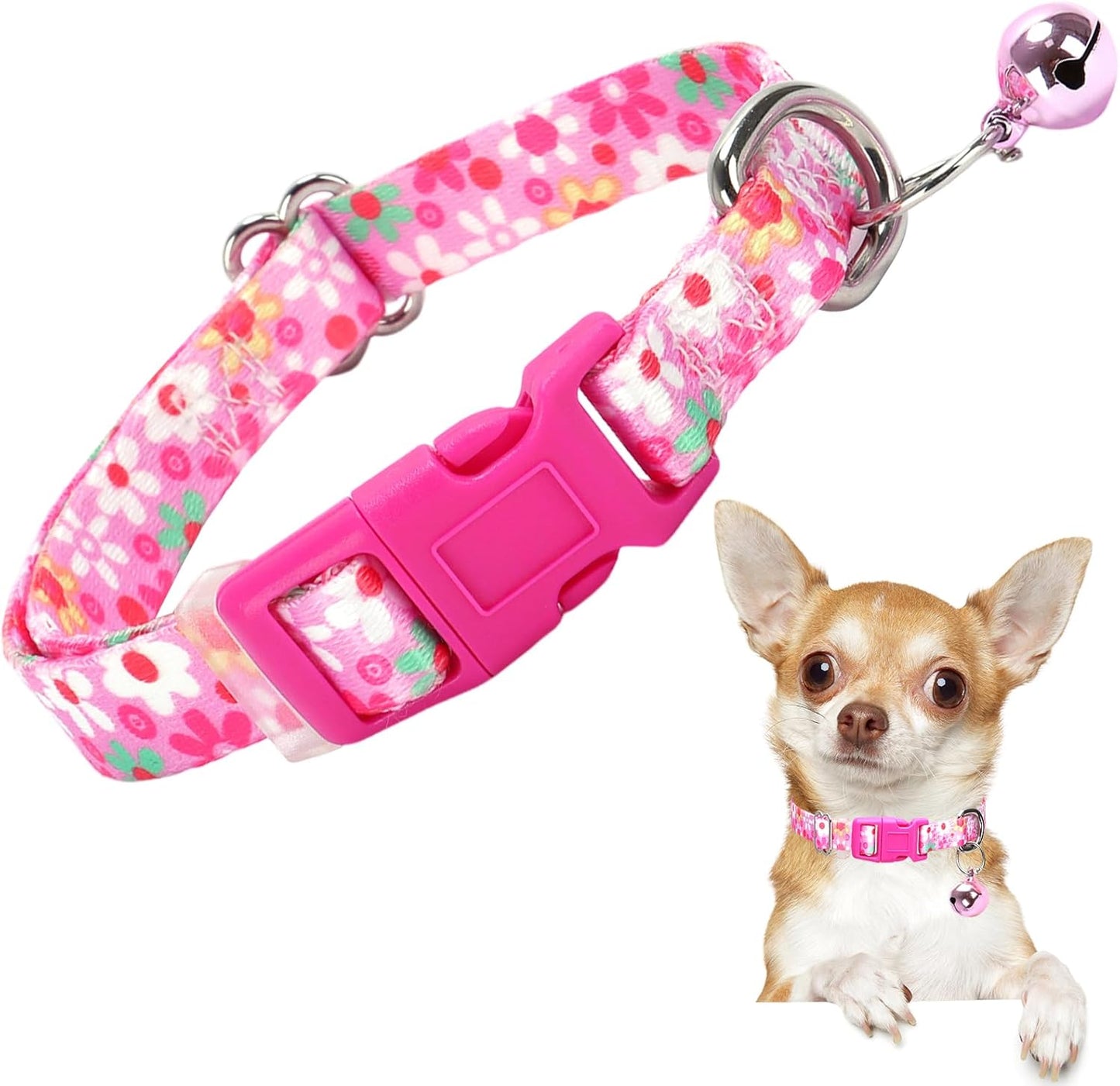 Small Dog Collar with Bell，Nylon - Adjustable XXS/XS Tiny Dog & Cat Collar for Small Breeds,Soft Pink Collar with Quick-Release Buckle（Flowers S）