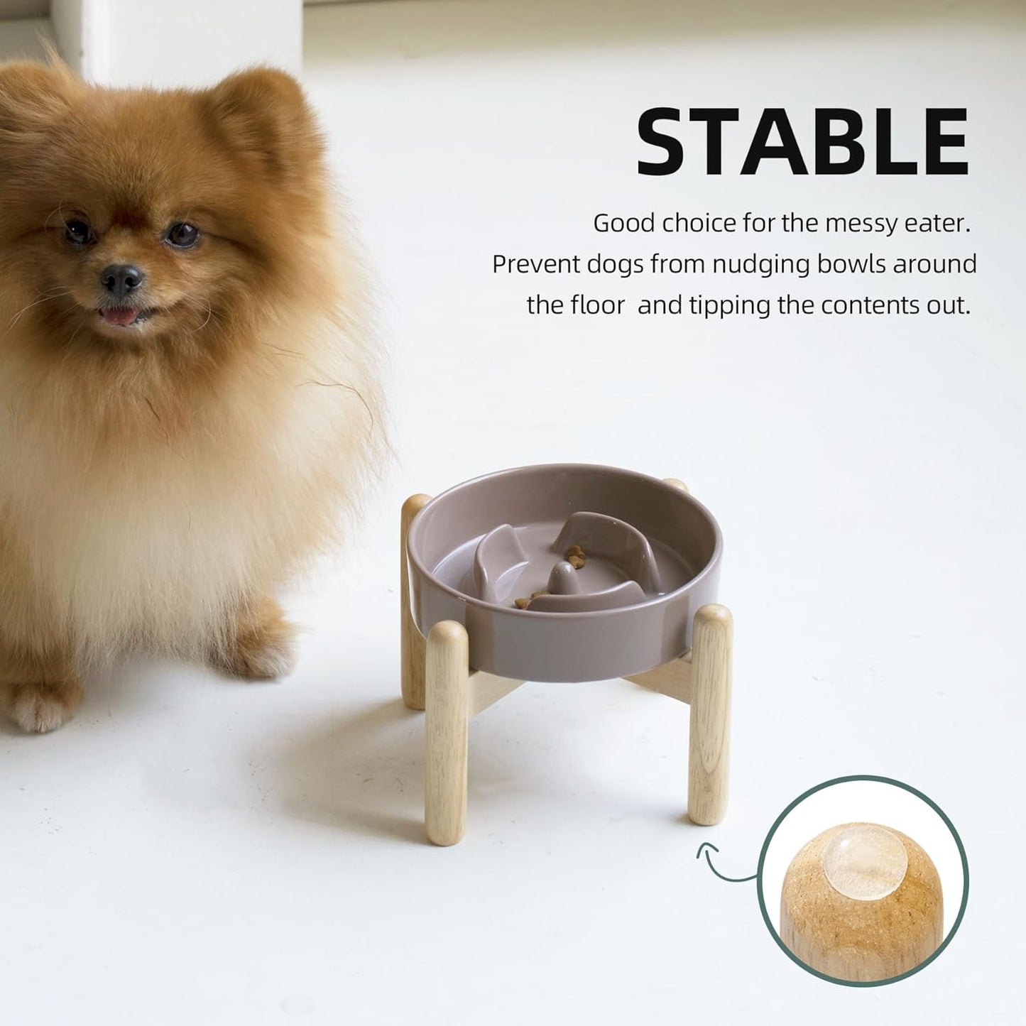 Ceramic 0.9 Cup Raised Dog Slow Feeder Set, Elevated Bowl with Wooden Stand for Small Dog and Cat, 6.1inch Puzzle Slow Dog Food Dish, Preventing Choking(Brown Coffee, Single Bowl+ Stand)