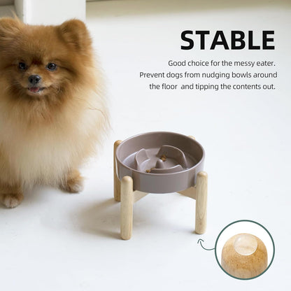 Ceramic 0.9 Cup Raised Dog Slow Feeder Set, Elevated Bowl with Wooden Stand for Small Dog and Cat, 6.1inch Puzzle Slow Dog Food Dish, Preventing Choking(Brown Coffee, Single Bowl+ Stand)