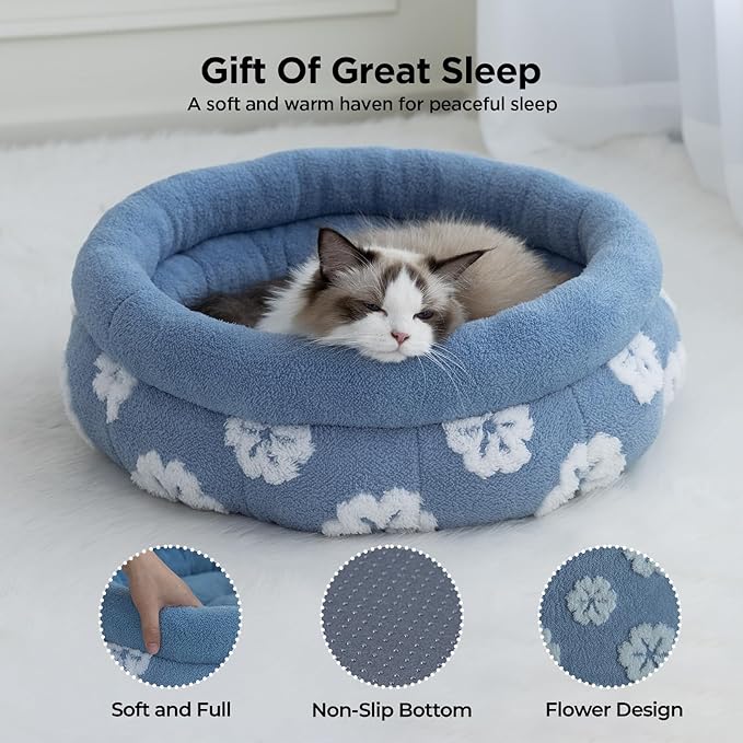 BALANCE Cat Beds for Indoor Cats, Washable Round Cat Bed, Cute 3D Flower Kitten Bed with Anti-Slip Bottom for Puppy and Kitten, 23 Inches, Blue