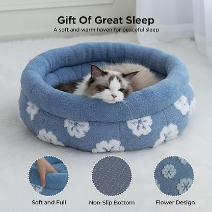 BALANCE Cat Beds for Indoor Cats, Washable Round Cat Bed, Cute 3D Flower Kitten Bed with Anti-Slip Bottom for Puppy and Kitten, 23 Inches, Blue
