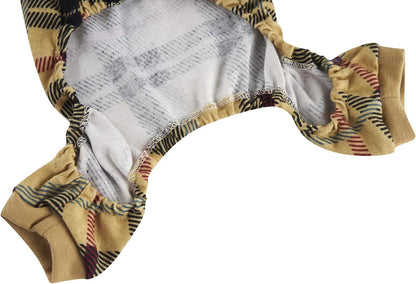 Beige Buffalo Plaid Christmas Clothes for Dogs Pajamas Onesie PJS, Back 23" XLarge
