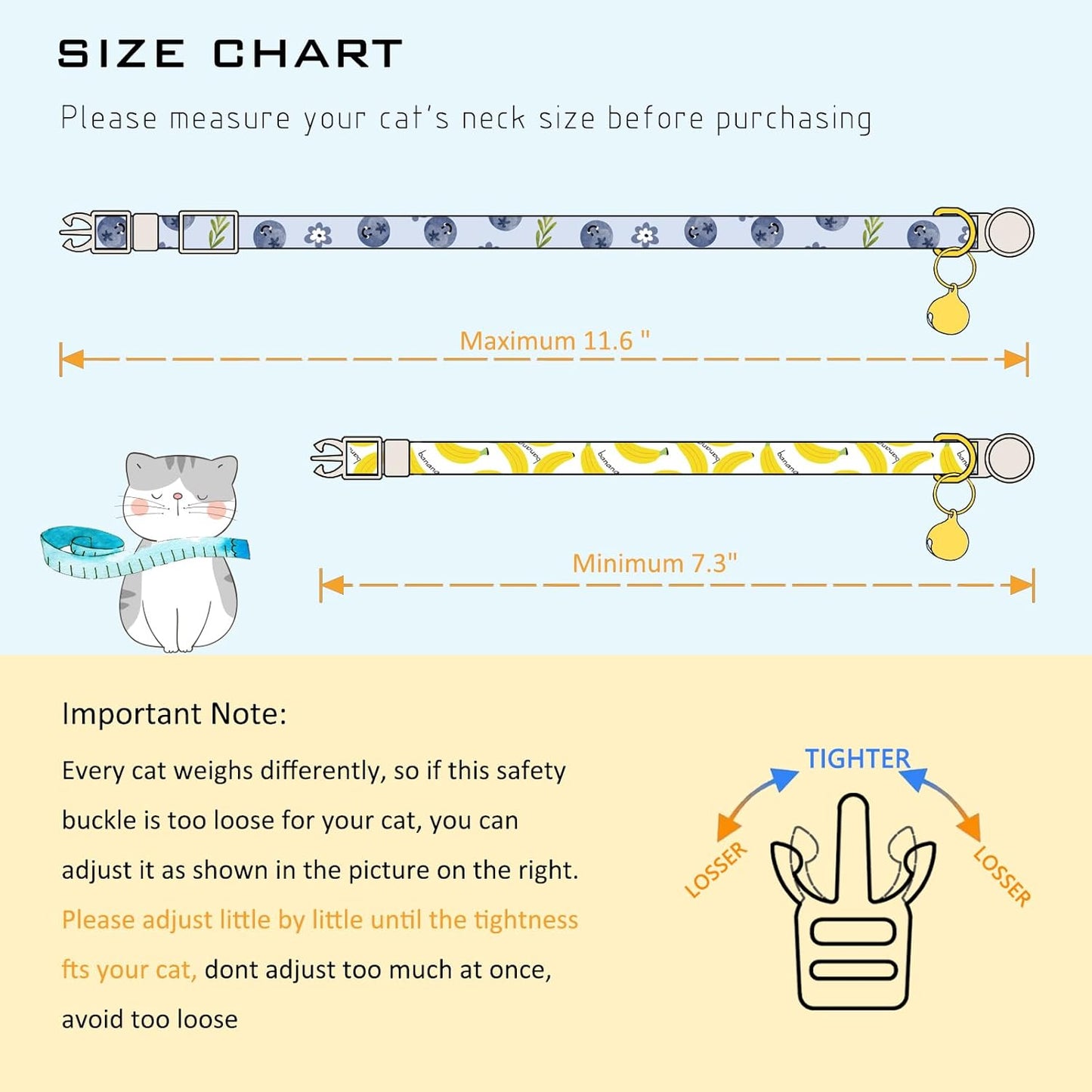 Faygarsle 2 Pack Blueberry Banana Pattern Cat Collars Breakaway Safety Collar with Bell Spring Summer Design for Girl Cats,Yellow Light Blue