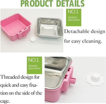 kathson Crate Dog Bowl, Removable Stainless Steel Hanging Pet Kennel Cage Bowl Food & Water Feeder Coop Cup for Puppy, Cat, Rabbit, Guinea Pigs 3pcs Small Square(Blue, Green, and Pink)